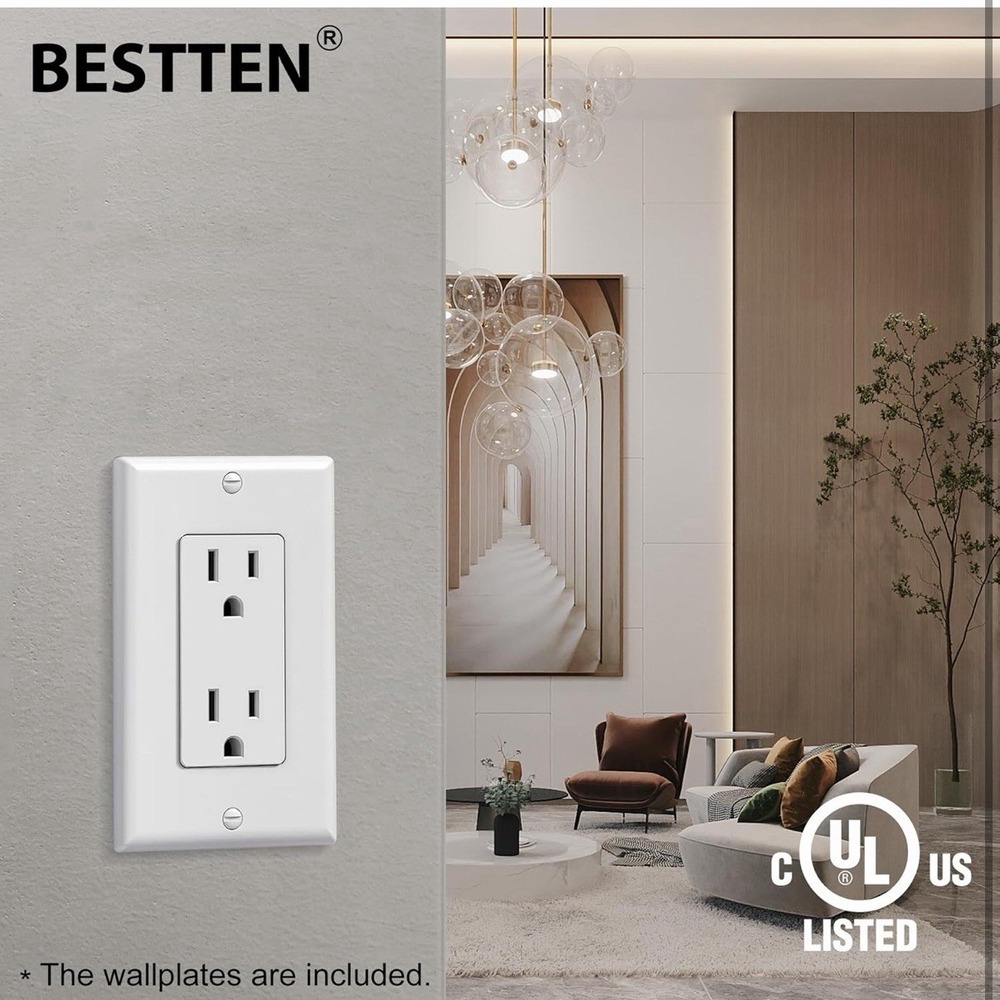 BESTTEN 30 Pack 15 Amp Decorator Receptacle Outlet w/ Screwless Wall Plates - Picture 5 of 9